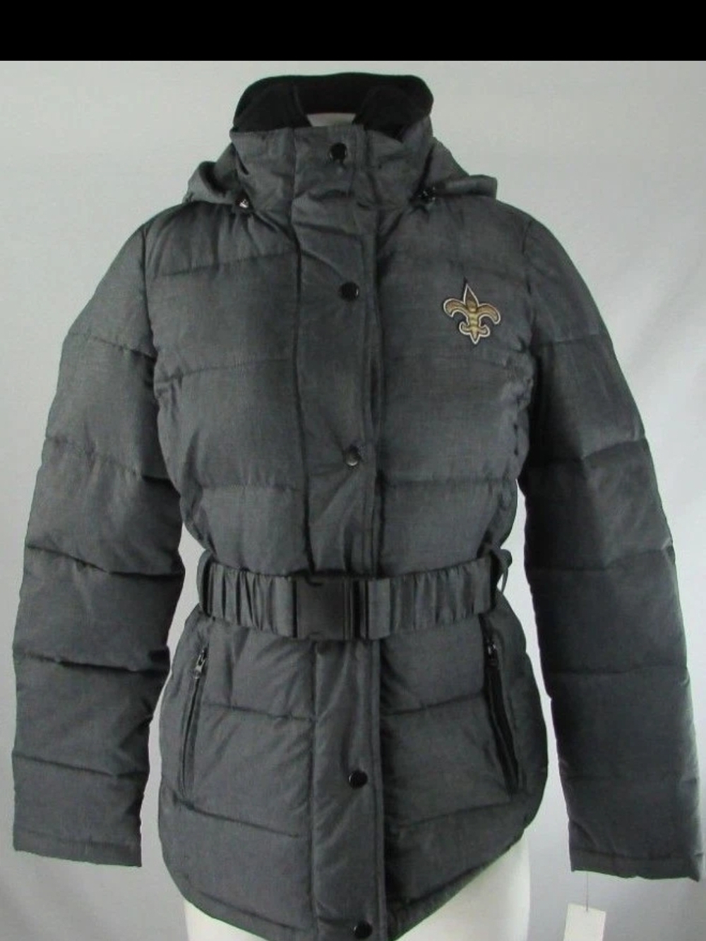 NFL Saints Women's Dark Gray Puffer Jacket with Belt